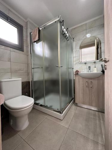 a bathroom with a shower and a toilet and a sink at Modern city center studio saripolou in Limassol