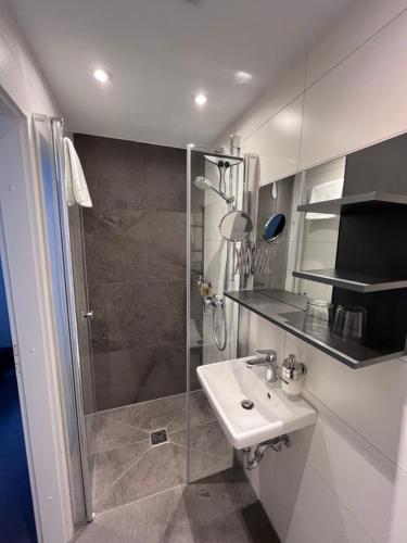a white bathroom with a shower and a sink at Haus am Wald in Eltmann