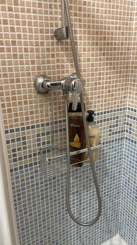 a shower with a hose attached to a tiled wall at Casa San Marcos in El Hornillo