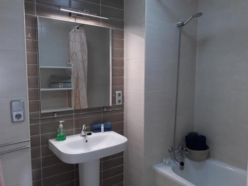 uma casa de banho com um lavatório, um espelho e um chuveiro em Algaida New Studio Calahonda, Beach, Pools and Garden em Sitio de Calahonda