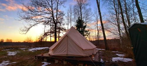 a tent sitting on a trailer in a field at Glamping in - luxury tent in Šunupis
