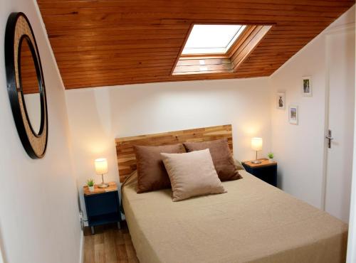 um quarto com uma cama grande e uma clarabóia em Apartment Gîte Luvain Toulouse em Toulouse
