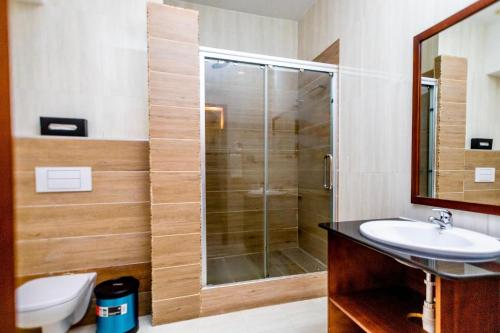 a bathroom with a shower and a sink at Holiday Inn Accra Airport, an IHG Hotel in Accra