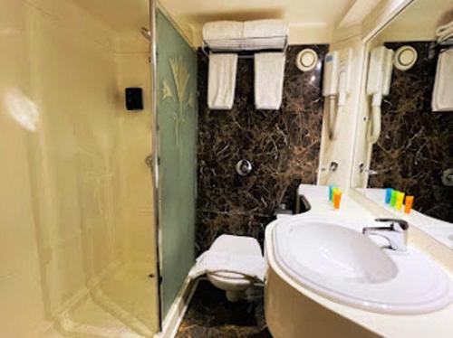 a bathroom with a toilet and a sink and a shower at Premium Nile Cruise Luxor To Aswan 4Nights started from luxor 3 Nights started from Aswan in Luxor