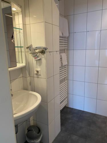 W białej łazience znajduje się umywalka i lustro. w obiekcie Gasthaus zur Sonne w mieście Rhodt unter Rietburg