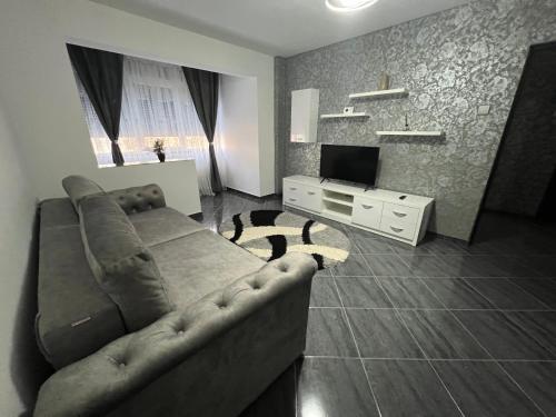 Apartament spațios, zona centrală în Iași في ياش: غرفة معيشة بها أريكة وتلفزيون