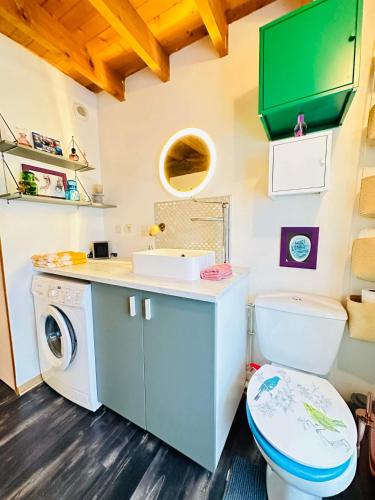 une salle de bain avec un lavabo et une machine à laver dans l'établissement Jolie Bergerie rénovée à 5 min de Laon, à Mons-en-Laonnois