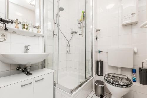 a bathroom with a shower and a sink and a toilet at MY Messe & Business Home - by Lanxess Arena /Messe Cologne in Cologne