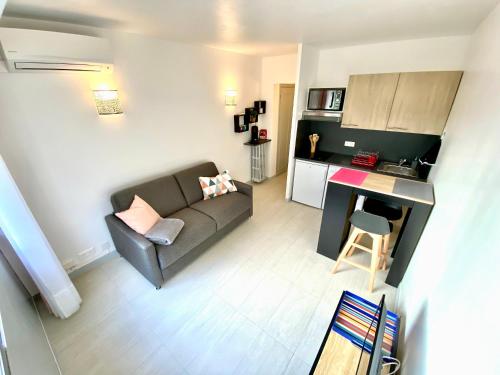 un petit salon avec un canapé et une cuisine dans l'établissement Château Picaud By SCLS Locations, à Cannes