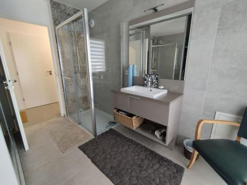 a bathroom with a sink and a shower with a mirror at Rueil-Malmaison appartement spacieux et calme in Rueil-Malmaison