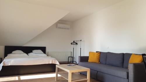 - un salon avec un canapé et un lit dans l'établissement Végvár Delux apartman, à Gyula