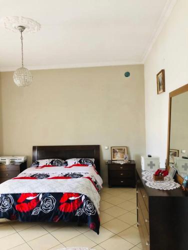 - une chambre avec un lit, une commode et un miroir dans l'établissement Villa 1 Uklala, à Kamëz