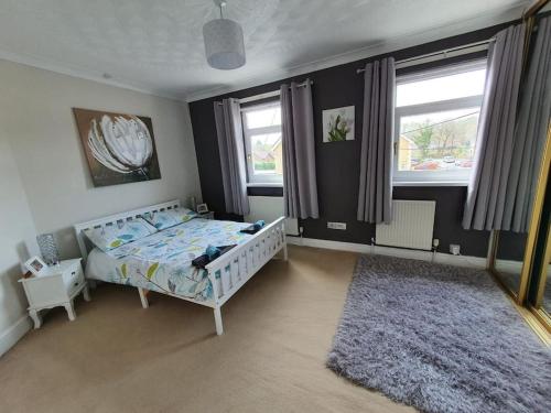 a bedroom with a bed and two windows and a rug at Mellte Avenue - Waterfalls House in Pont-Nedd-Fechan