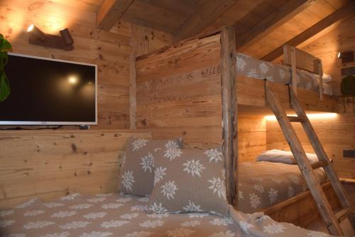 a bedroom with a bunk bed and a tv in a log cabin at iFlat Chalet Carole Ortisei in Ortisei