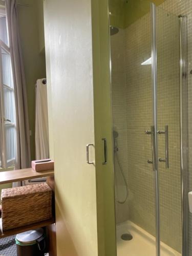 La salle de bains est pourvue d'une douche avec une porte en verre. dans l'établissement Peyrou, studio la merci, 3 étoiles, à Montpellier
