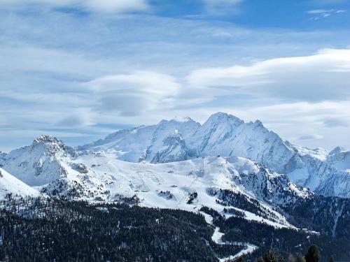 a snowy mountain range with trees and snow capped mountains at Chalet Cesa Galadriel-1 by Interhome in Penia