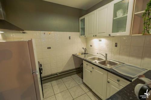 a small kitchen with a sink and a refrigerator at Appartement Romance Florale Troyes in Troyes