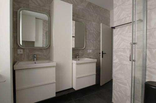 a bathroom with two sinks and a mirror and a shower at Appartement 5 chambres tous conforts - WIFI - TV in Saint-Étienne