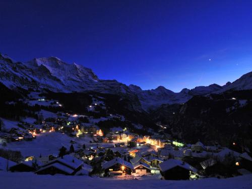 a town in the snow at night with mountains at Apartment Haus Lauber Apt-2 by Interhome in Wengen