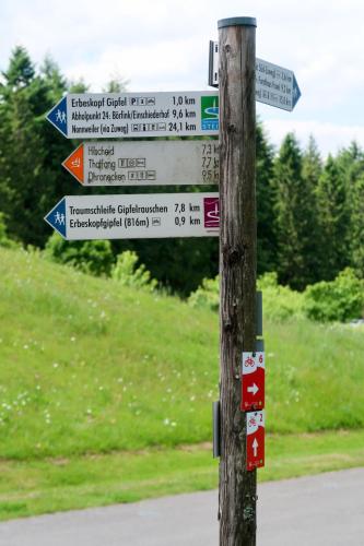 a pole with street signs attached to a wooden pole at Apartment Ferienpark Himmelberg-4 by Interhome in Thalfang
