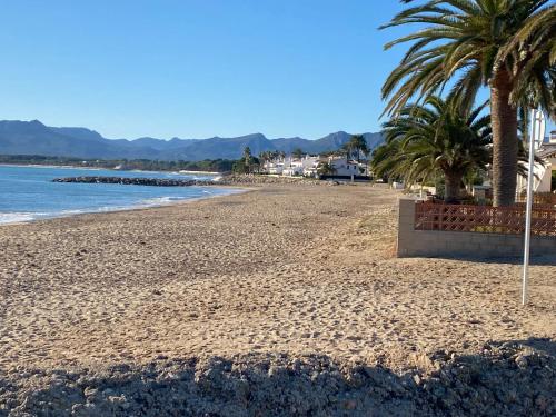 a sandy beach with palm trees and the ocean at Casa-Mont-Roig, new renovated, 5 minutes to beach in Montroig