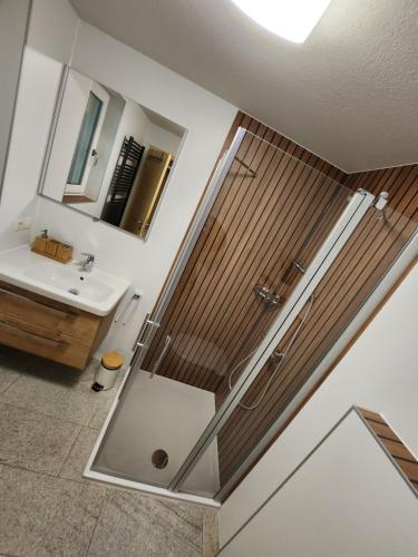 ein Bad mit einer Dusche und einem Waschbecken in der Unterkunft Ferienwohnungen Abendsonne - 7 Gehminuten zum EP in Rust