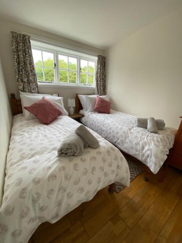 a bedroom with two beds and a window at Rural Retreat in Idyllic Countryside - fishing & walks in Hawkhurst