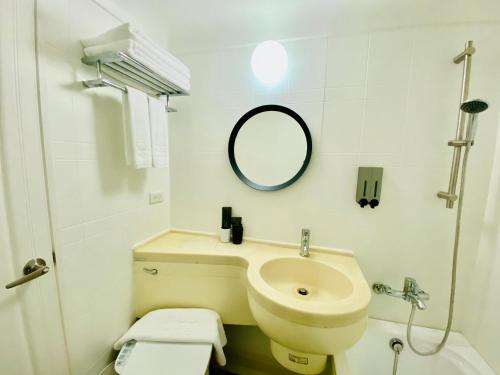 台北的住宿－旅居文旅 松山驛站，一间带卫生间、水槽和镜子的浴室