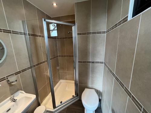 a bathroom with a shower and a toilet and a sink at Sunray Apartments in Barmouth