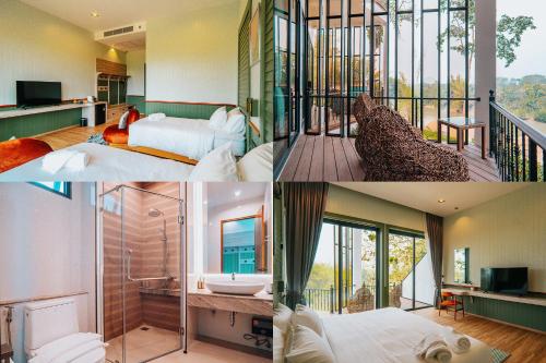 a collage of four pictures of a hotel room at VeeVaree Riverkwai Resort in Ban Kaeng Raboet