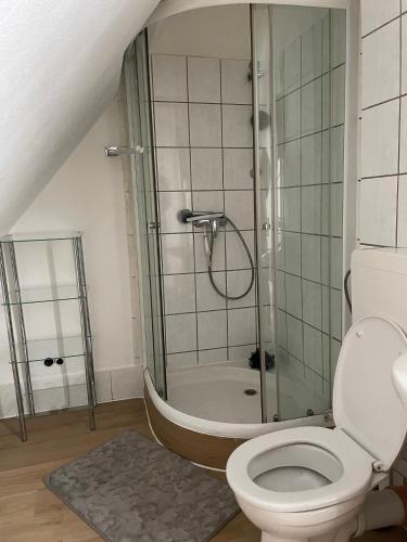 a bathroom with a shower and a toilet and a tub at Unterkunft in Springe Zentrum in Springe