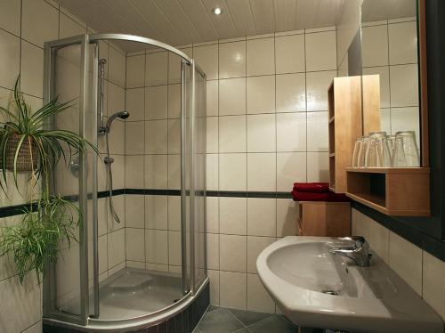 ein Bad mit einer Dusche und einem Waschbecken in der Unterkunft Haus Schrettl Hintergrünholz in Itter
