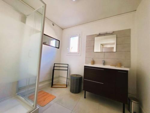 ein Bad mit einem Waschbecken und einem Spiegel in der Unterkunft Appartement de charme à Sarlat in Sarlat-la-Canéda
