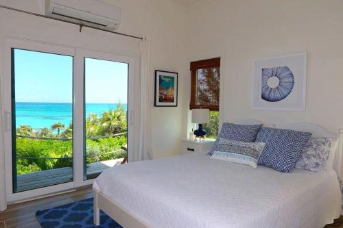 een slaapkamer met een bed en uitzicht op de oceaan bij Azure home in Palmetto Point