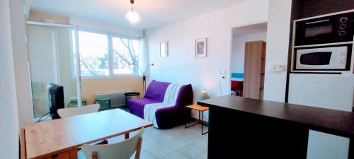 une cuisine et un salon avec un canapé et une table dans l'établissement Mambrillo Parking Netflix Disney Prime, à Avignon