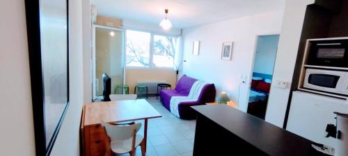 Il comprend un salon avec un canapé violet et une cuisine. dans l'établissement Mambrillo Parking Netflix Disney Prime, à Avignon