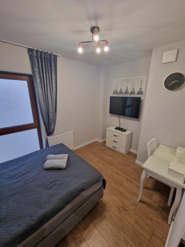 1 dormitorio con cama, mesa y TV en Apartament Ventus Business and Living 46, en Kielce