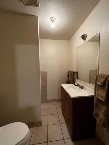 a bathroom with a sink and a toilet and a mirror at Draft House & Lodge in Delta Junction