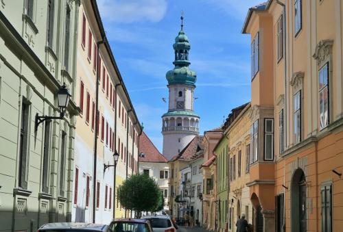 een stadsstraat met een klokkentoren op de achtergrond bij Room in the city 2 in Sopron