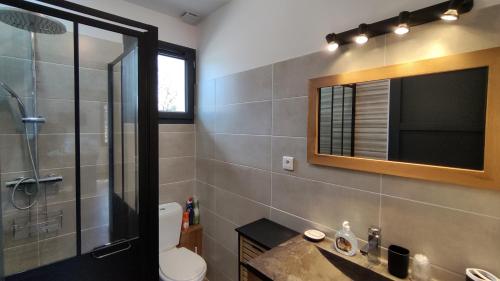 La salle de bains est pourvue d'une douche, d'un lavabo et d'un miroir. dans l'établissement Villa Papillon***. Location appartement 1er étage., à Ronce-les-Bains