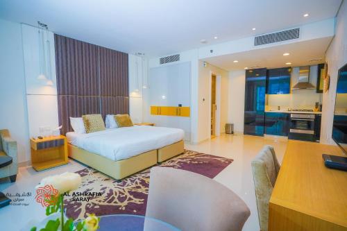 a bedroom with a bed and a living room at Al Ashrafia Saray - Extraordinary Studio in Canal View in Dubai