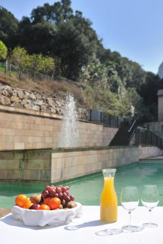 a plate of fruit on a table next to a fountain at Hotel Balneario La Hermida in La Hermida