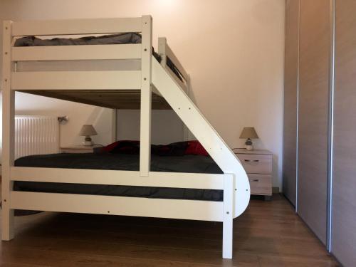 Ce lit superposé se trouve dans un dortoir avec une échelle. dans l'établissement Appartement charmant à Dinard avec balcon et jardin, à Dinard