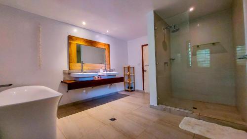 維拉港的住宿－天堂角度假屋，带浴缸、水槽和淋浴的浴室