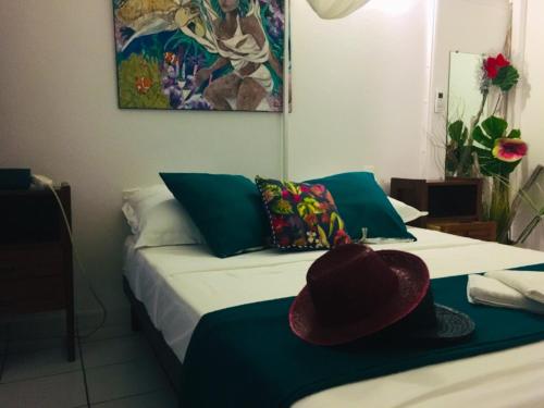 um quarto com uma cama com um chapéu em Appartement d'une chambre avec jardin et wifi a Les Trois Ilets a 1 km de la plage em Les Trois-Îlets