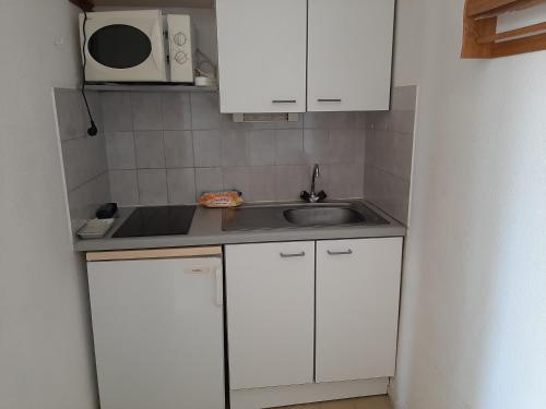 une petite cuisine avec un évier et un micro-ondes dans l'établissement Appartement Canet Plage sud, à Canet