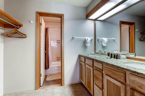 un bagno con un lavandino, uno specchio e una vasca di Quicksilver 1643 a Keystone