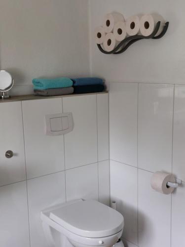 a bathroom with a toilet and some towels on a shelf at Ferienwohnung Hirmer in Zirndorf
