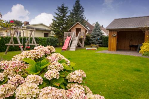 a yard with a park with a playground and flowers at Ferienwohnung Fortuna II in Thiessow