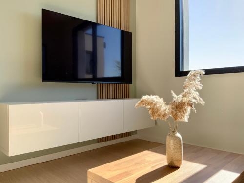 a living room with a tv and a vase with a plant at Les Loges de la Mer - Pérols in Pérols